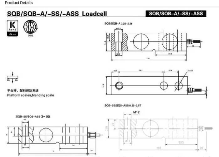 Bản vẽ cảm biến lực SQB dạng thanh 5 tấn của Keli