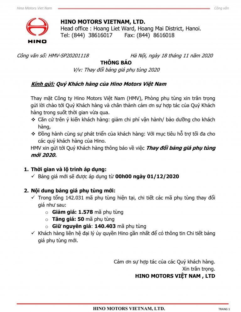 THÔNG BÁO: THAY ĐỔI GIÁ PHỤ TÙNG HINO