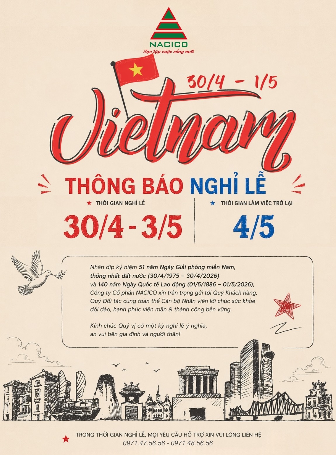 THÔNG BÁO LỊCH NGHỈ LỄ 30/4 - 1/5