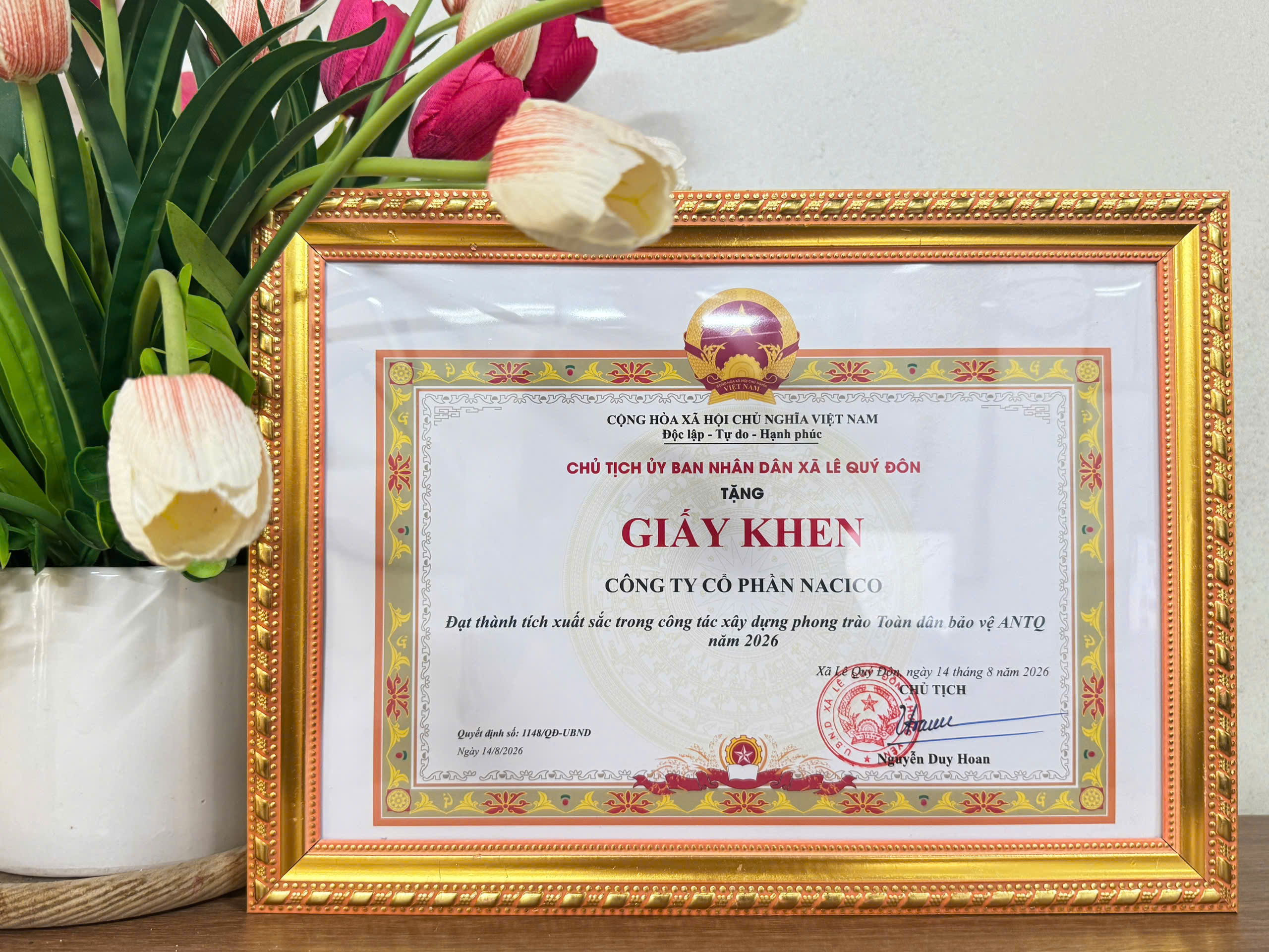 NACICO VINH DỰ NHẬN GIẤY KHEN TỪ UBND XÃ LÊ QUÝ ĐÔN
