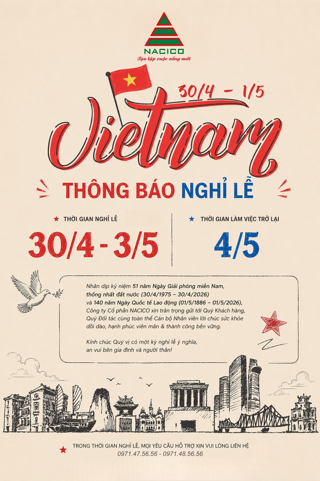THÔNG BÁO LỊCH NGHỈ LỄ 30/4 - 1/5