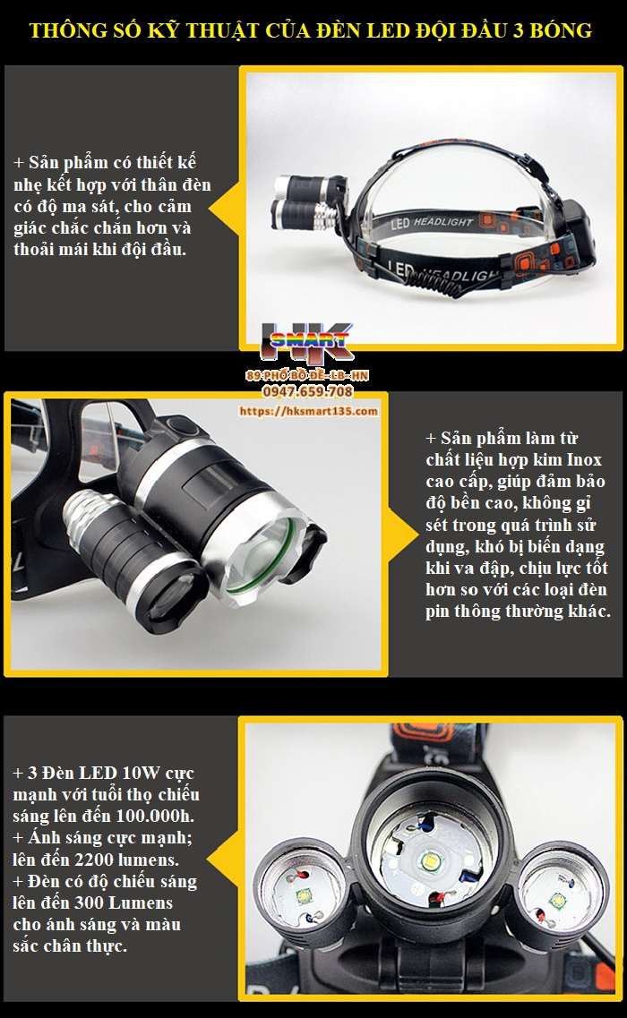 Đèn led đội đầu 3 bóng siêu sáng