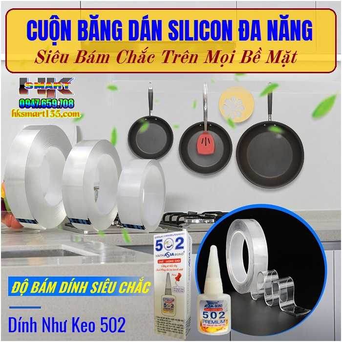 Cuộn băng dán silicon 2 mặt trong suốt siêu dính