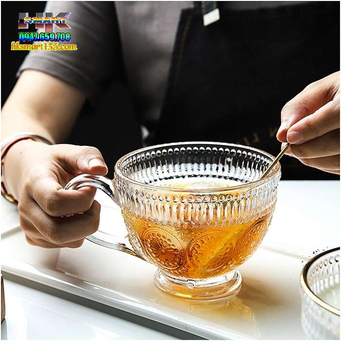 Bộ 2 cốc thuỷ tinh vintage có quai viền mạ vàng 325ml