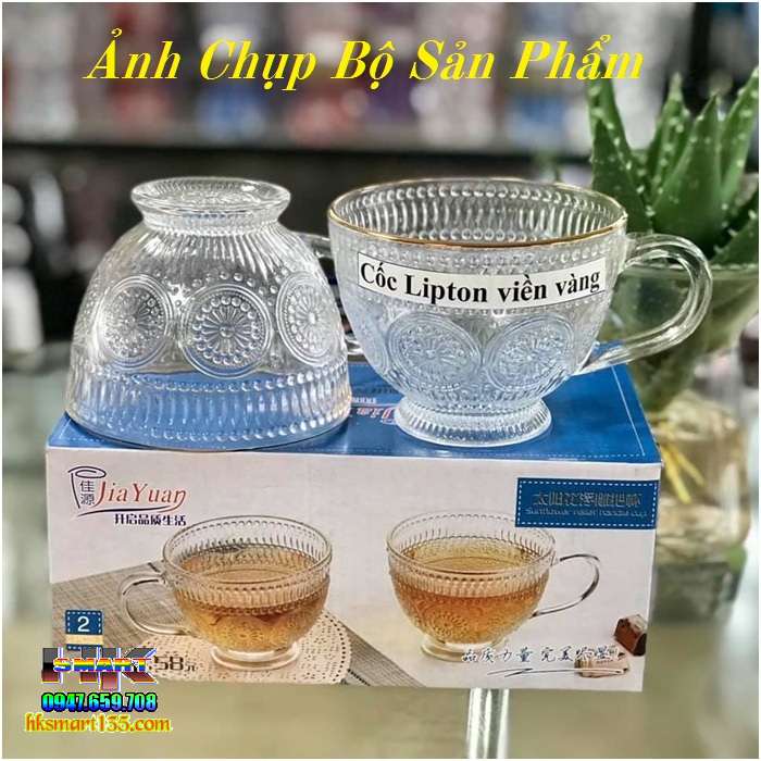 Bộ 2 cốc thuỷ tinh vintage có quai viền mạ vàng 325ml