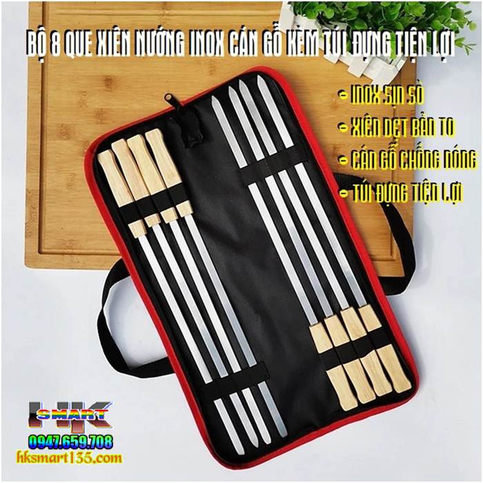 Bộ 8 que xiên nướng inox cán gỗ kèm túi chuẩn Nga