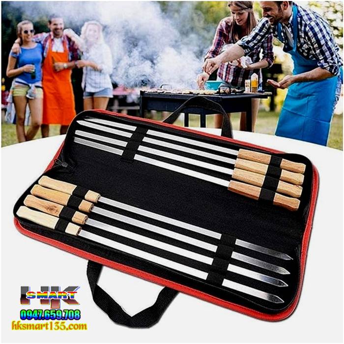 Bộ 8 que xiên nướng inox cán gỗ kèm túi chuẩn Nga