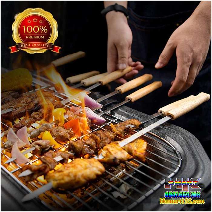 Bộ 8 que xiên nướng inox cán gỗ kèm túi chuẩn Nga