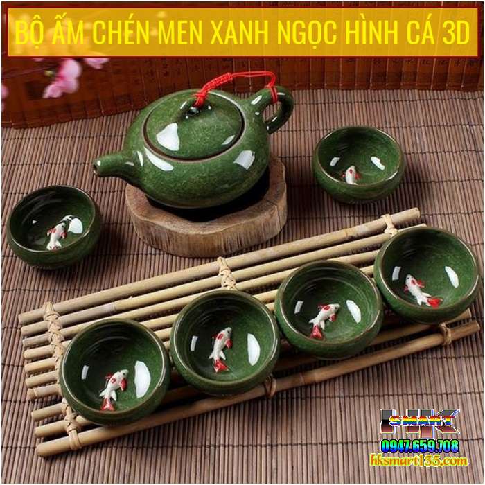 Bộ ấm chén men ngọc hình cá 3D