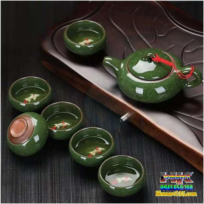 Bộ ấm chén men ngọc hình cá 3D