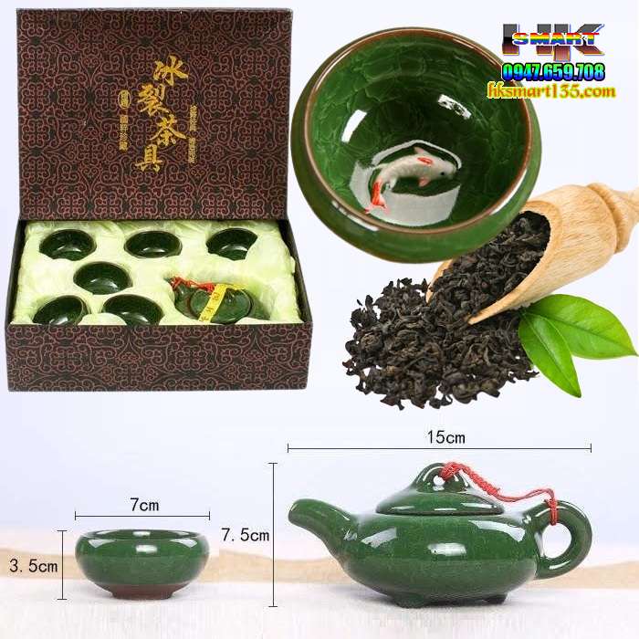 Bộ ấm chén men ngọc hình cá 3D