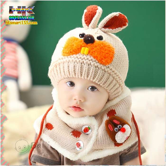 Bộ mũ khăn len ấm áp cho bé 2 lớp