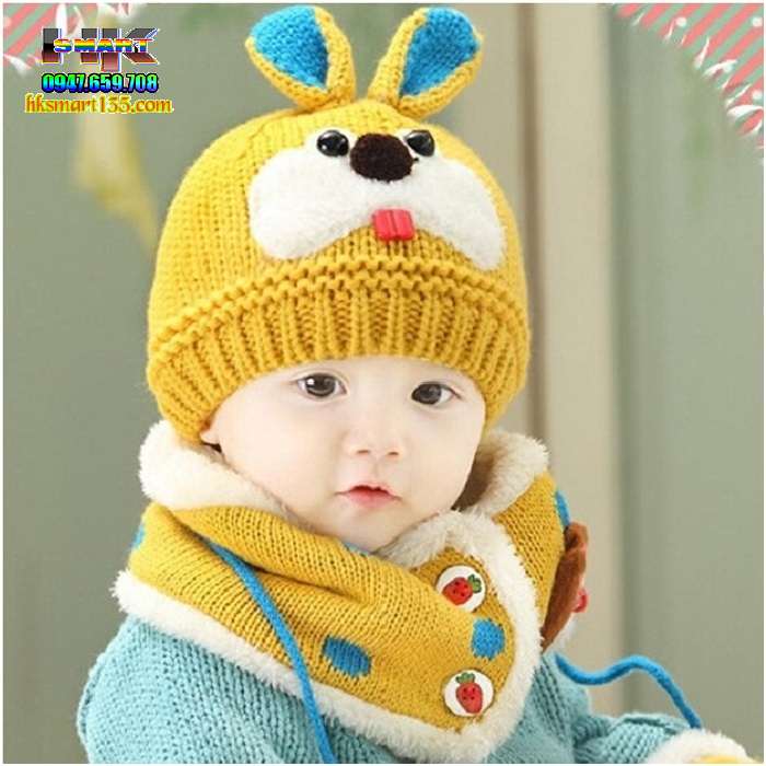 Bộ mũ khăn len ấm áp cho bé 2 lớp