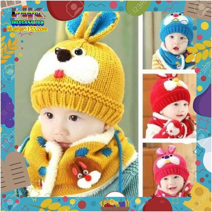 Bộ mũ khăn len ấm áp cho bé 2 lớp