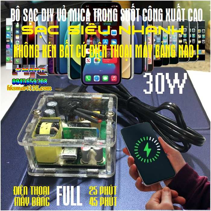 Bộ Sạc Nhanh 30w Cổng Type-c Đa Năng DIY Mica Trong Suốt Sạc Siêu Nhanh Các Loại Điện Thoại Và Máy Bảng