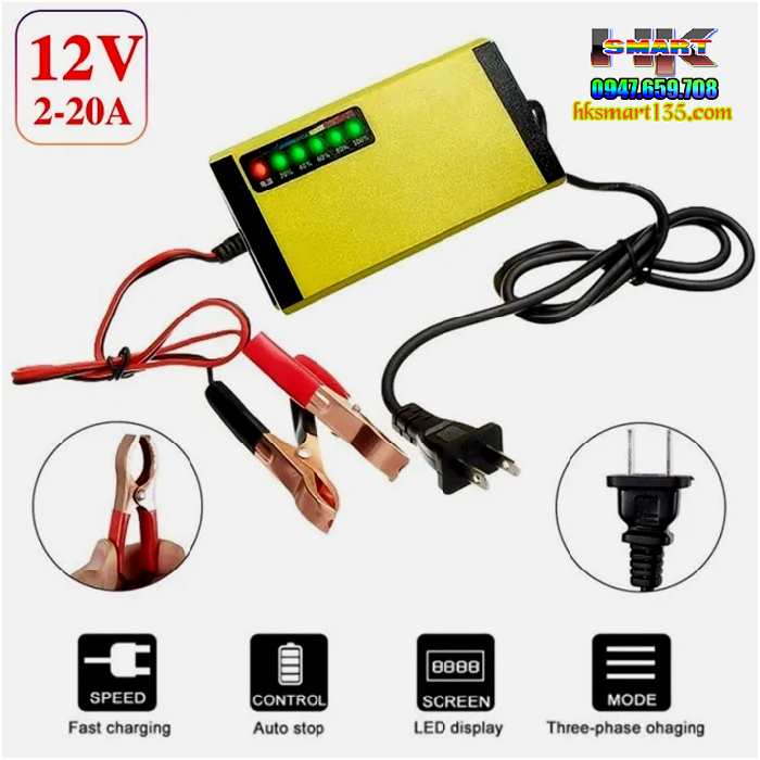 Sạc bình ắc quy ô tô xe máy 12v2A 2ah-20ah tự ngắt khi đầy