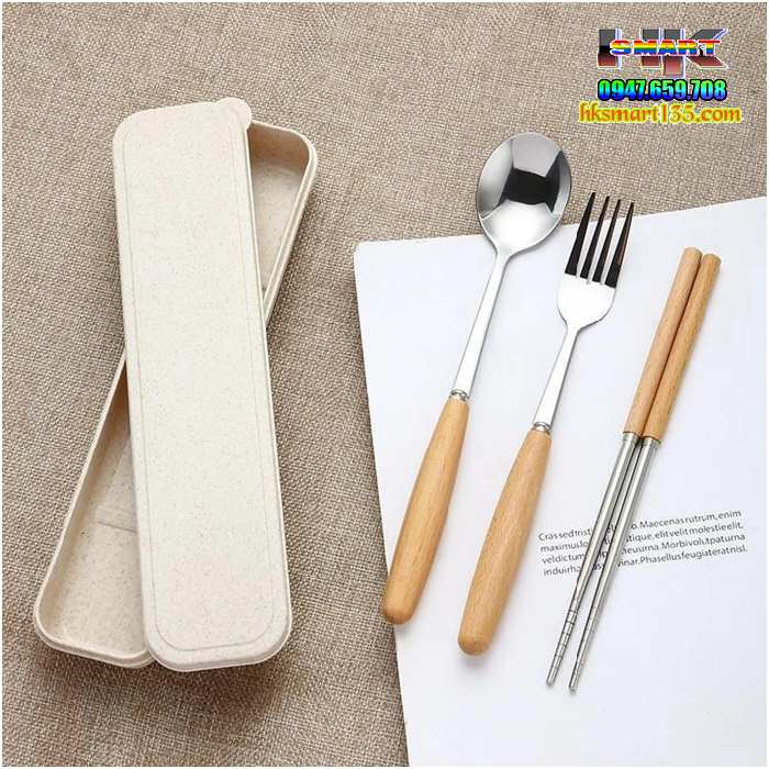 Bộ đũa thìa dĩa inox kèm hộp lúa mạch