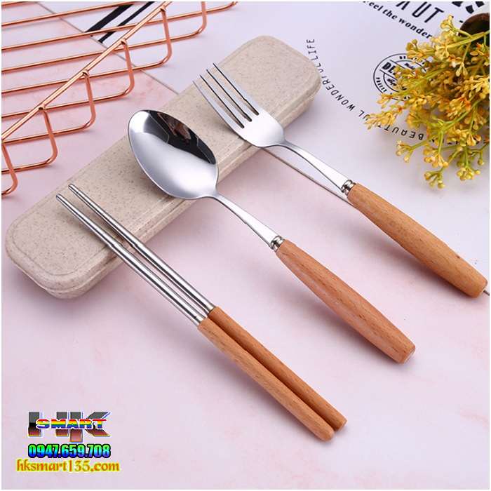 Bộ đũa thìa dĩa inox kèm hộp lúa mạch cao cấp