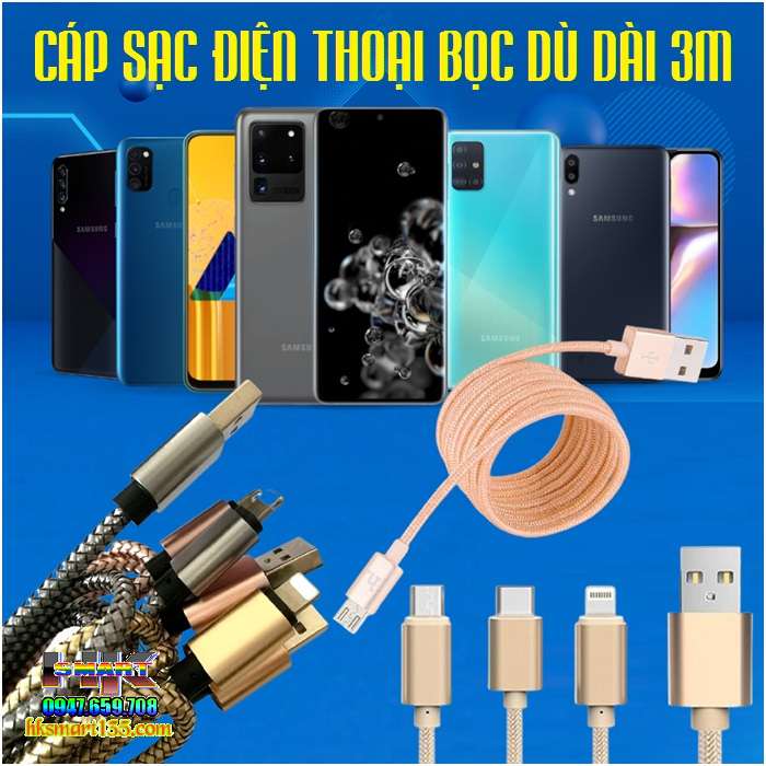 Cáp sạc bọc dù dài 3m cho apple và androi