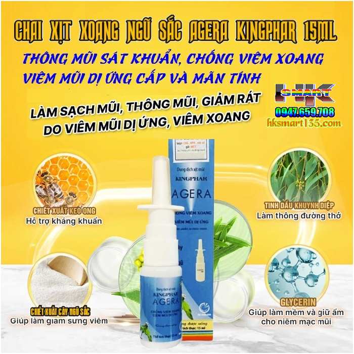 Chai Xịt Xoang Ngũ Sắc Agera Kingphar 15ml- Thông Mũi Sát Khuẩn, Chống Viêm Xoang, Viêm Mũi Dị Ứng Cấp Và Mãn Tính