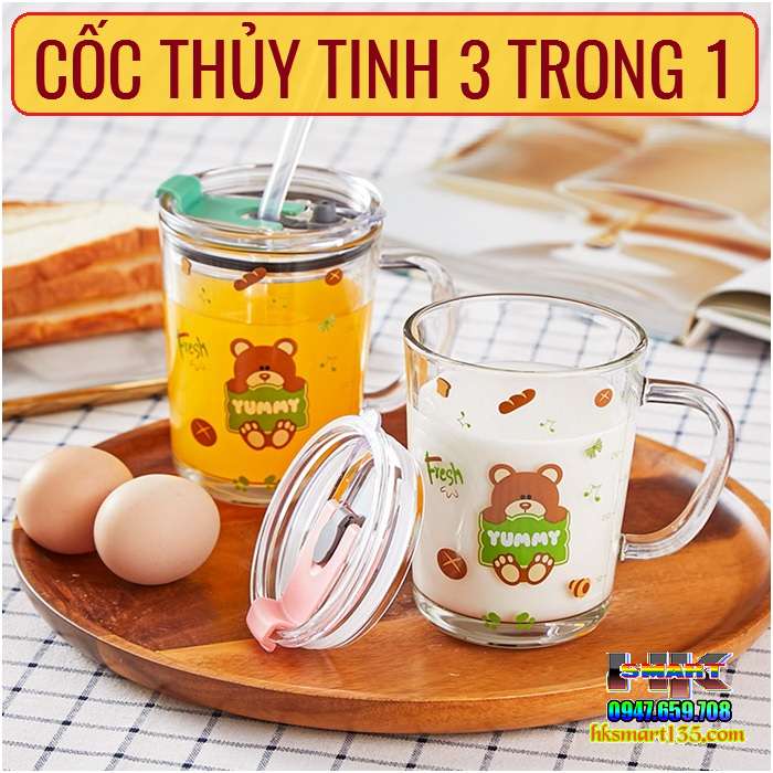 Cốc thuỷ tinh 3in1 350ml siêu tiện lợi