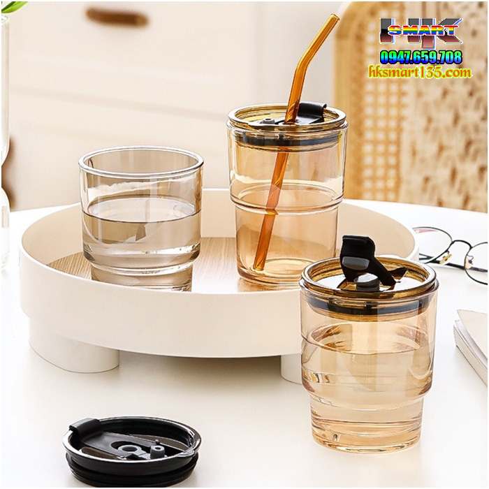 Cốc thủy tinh bao da Gorgous 450ml có nắp chống tràn kèm ống hút