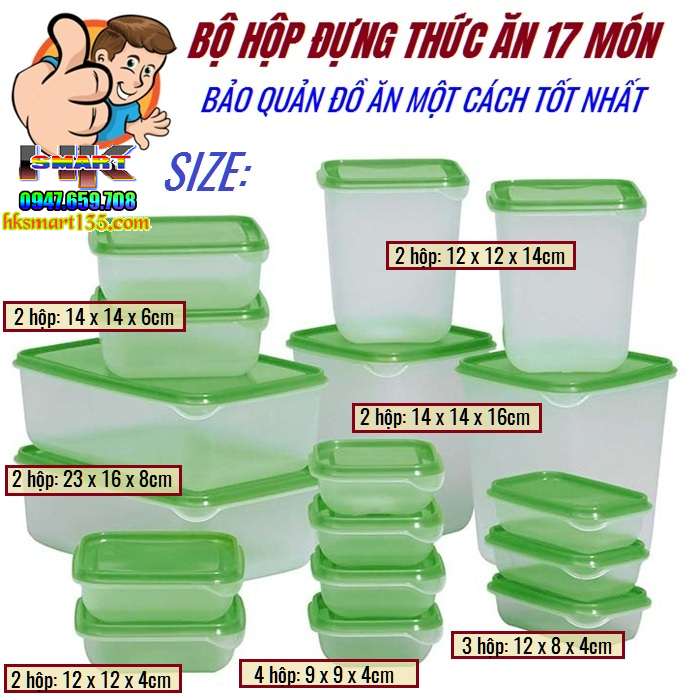 Bộ hộp nhựa đựng thức ăn 17 món tiện dụng
