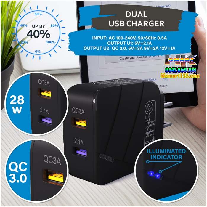 Củ Sạc 2 cổng USB Vaorlo 28W- QC3.0-2.1A