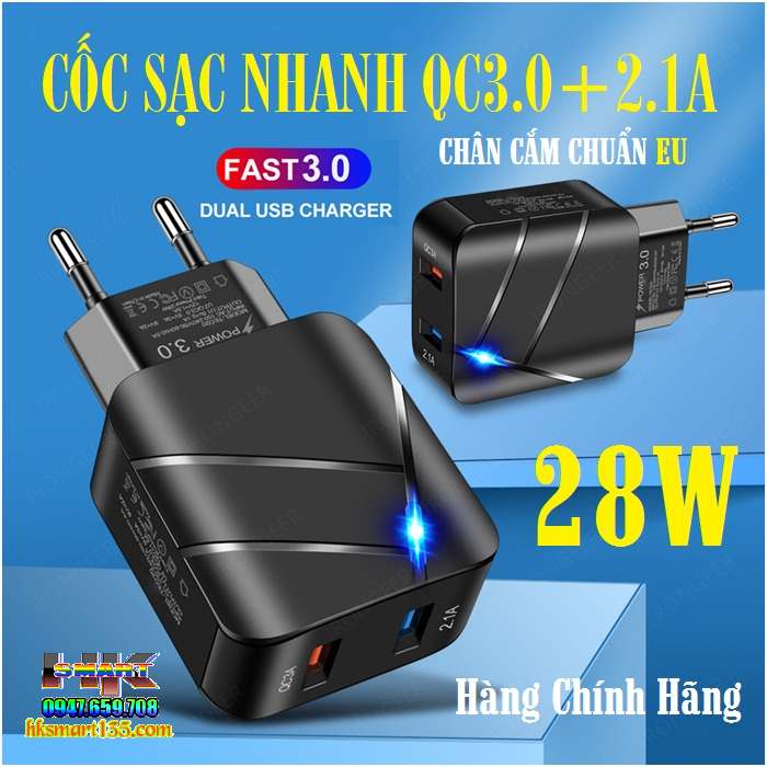 Củ Sạc 2 cổng USB Vaorlo 28W- QC3.0-2.1A