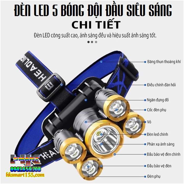Đèn pin đội đầu 5 bóng siêu sáng