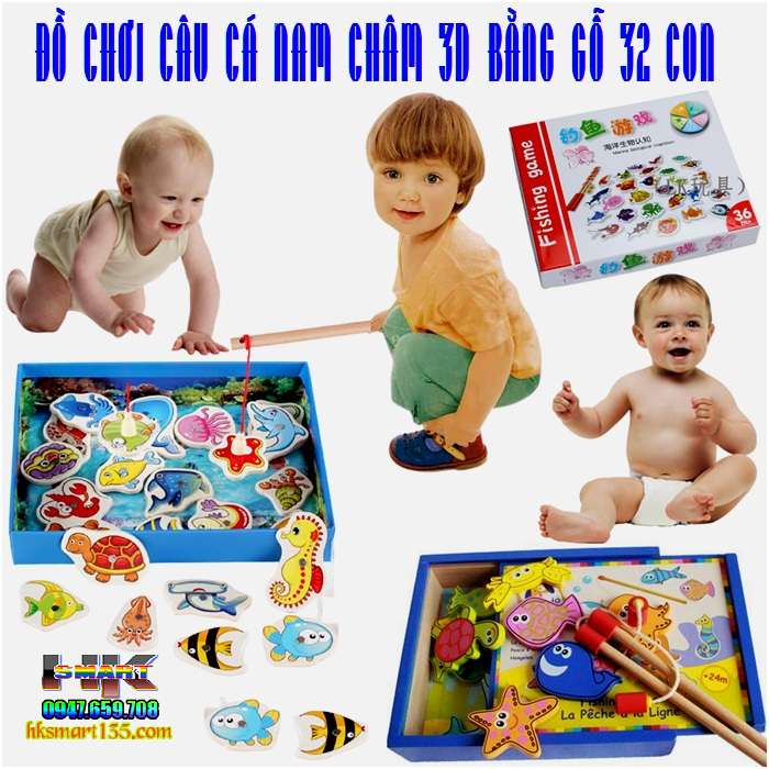 Đồ chơi câu cá nam châm 3D bằng gỗ 32 con