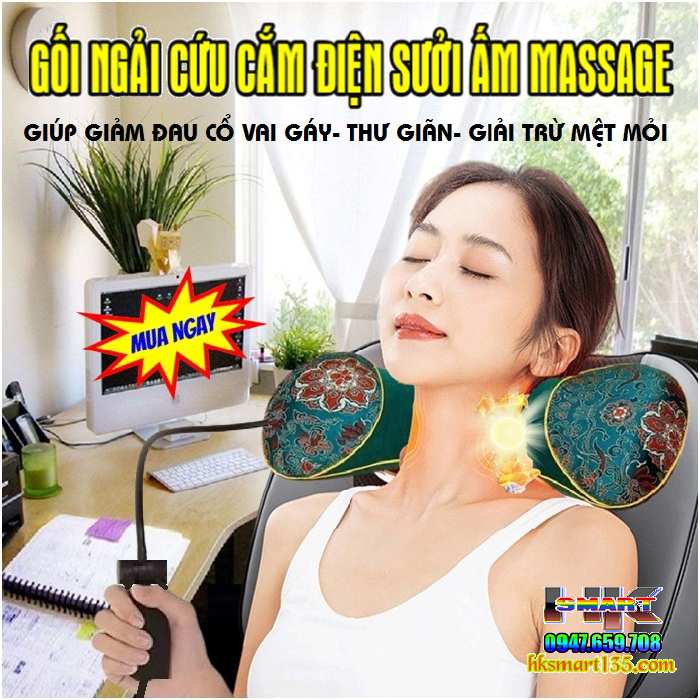 Gối Ngải Cứu Cắm Điện Sưởi Ấm Massage Giúp Giảm Đau Cổ Vai Gáy Thảo Dược Hương Thơm Dễ Chịu