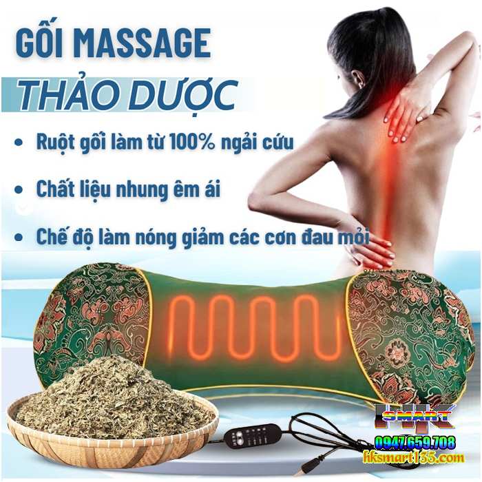 Gối Ngải Cứu Cắm Điện Sưởi Ấm Massage Giúp Giảm Đau Cổ Vai Gáy Thảo Dược Hương Thơm Dễ Chịu