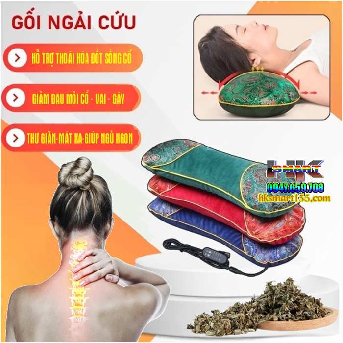 Gối Ngải Cứu Cắm Điện Sưởi Ấm Massage Giúp Giảm Đau Cổ Vai Gáy Thảo Dược Hương Thơm Dễ Chịu