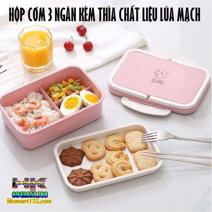 Hộp Đựng Cơm 3 Ngăn Kèm Muỗng Nhựa Lúa Mạch