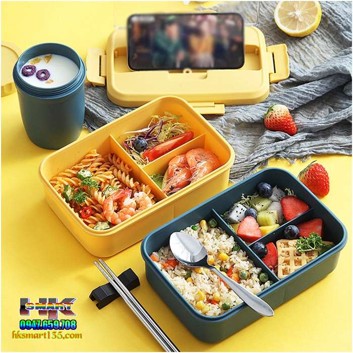 Hộp cơm lúa mạch 3 ngăn kèm đũa thìa inox