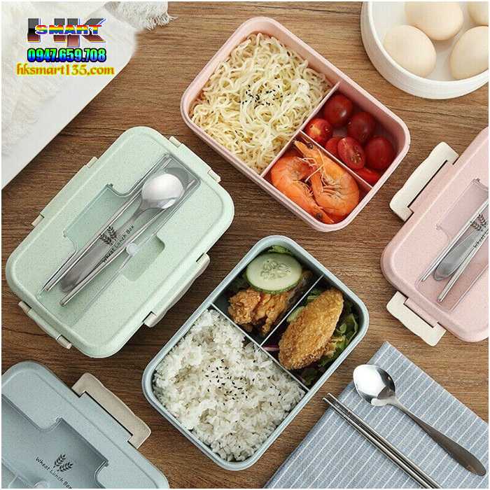 Hộp cơm lúa mạch 3 ngăn kèm đũa thìa inox