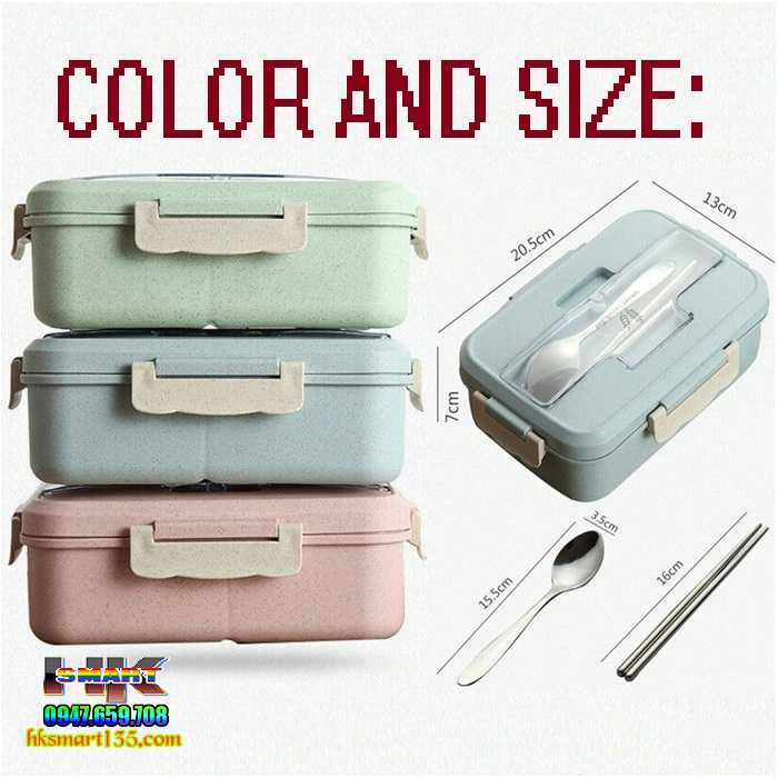 Hộp cơm lúa mạch 3 ngăn kèm đũa thìa inox