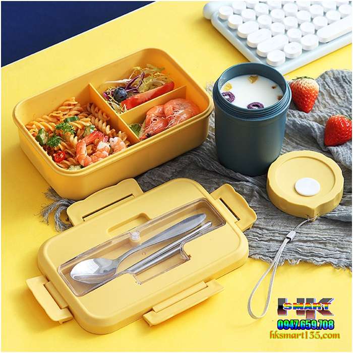 Hộp cơm lúa mạch 3 ngăn kèm đũa thìa inox