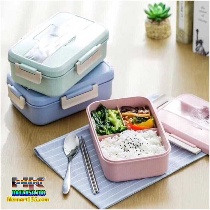 Hộp cơm lúa mạch 3 ngăn kèm đũa thìa inox