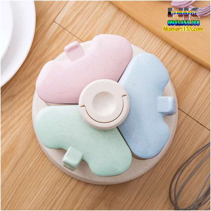 Hộp Đựng Gia Vị Lúa Mạch 3 Ngăn Xoay 360 Độ