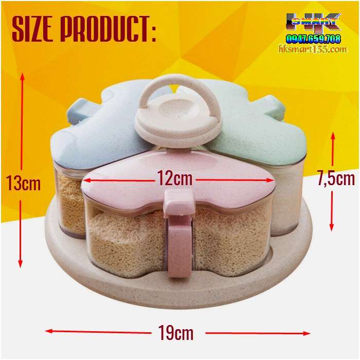Hộp Đựng Gia Vị Lúa Mạch 3 Ngăn Xoay 360 Độ