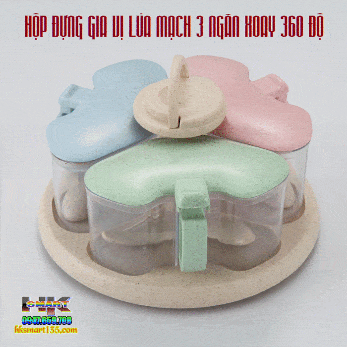Hộp Đựng Gia Vị Lúa Mạch 3 Ngăn Xoay 360 Độ