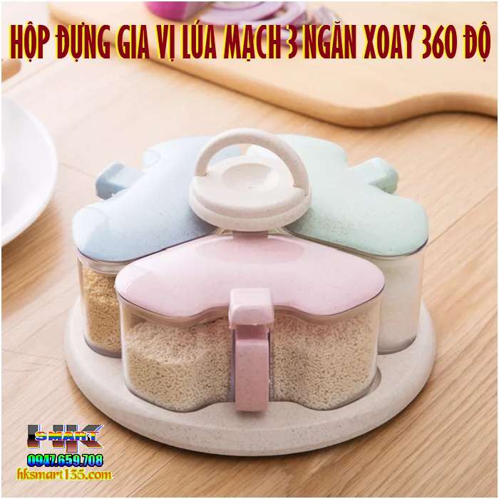 Hộp Đựng Gia Vị Lúa Mạch 3 Ngăn Xoay 360 Độ