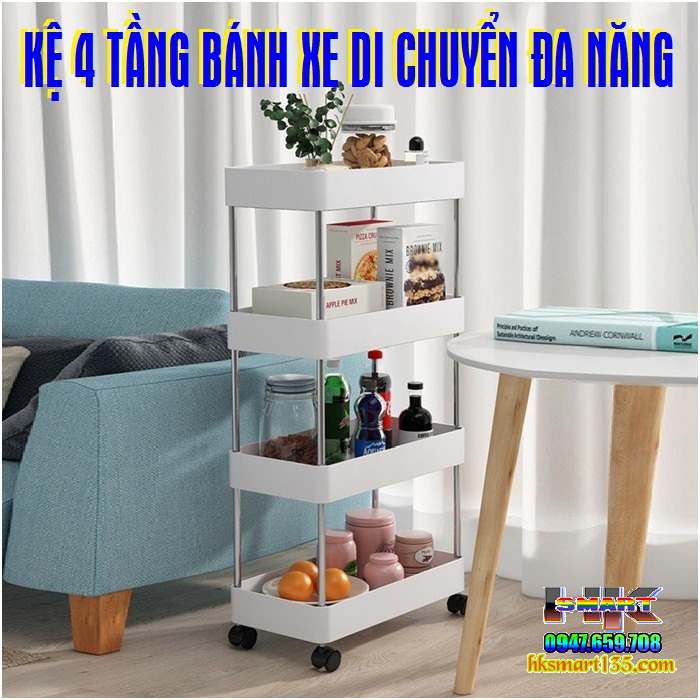 Kệ để đồ đa năng 4 tầng có bánh xe di chuyển tiện lợi