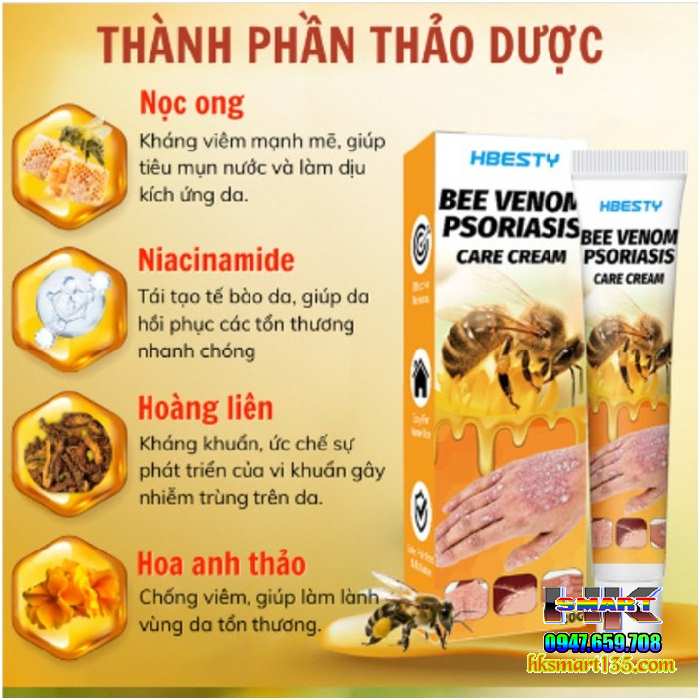 Kem Bôi Nọc Ong Đặc Trị Nấm Ngứa, mụn Nước Hbesty 20gr- Cho Da Viêm, Chàm Eczema, tổ Đỉa, Vẩy Nến Á Sừng