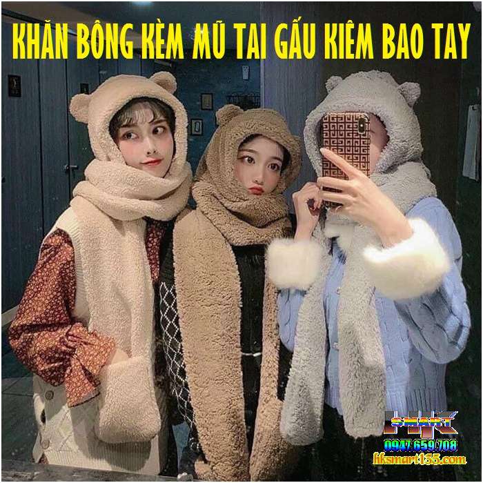 Khăn Bông Kèm Mũ Tai Gấu Kiêm Bao Tay