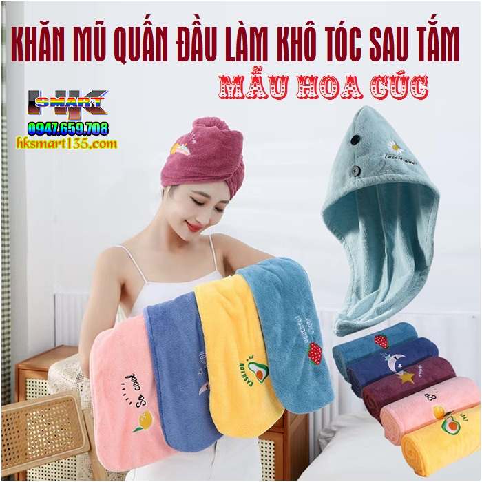 Khăn mũ trùm đầu làm khô tóc sau tắm