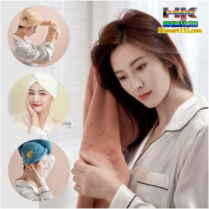 Khăn mũ trùm đầu làm khô tóc sau tắm