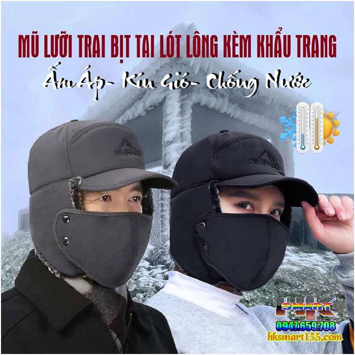 Mũ Lưỡi Trai Bịt Tai Lót Lông Kèm Khẩu Trang